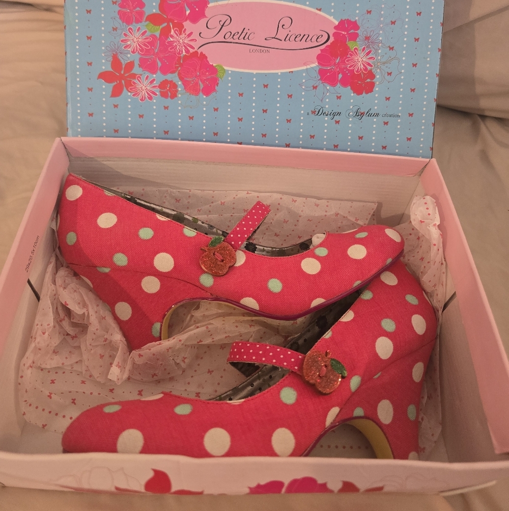 Poetic License Red Polka Dot Heels with Floral Accent